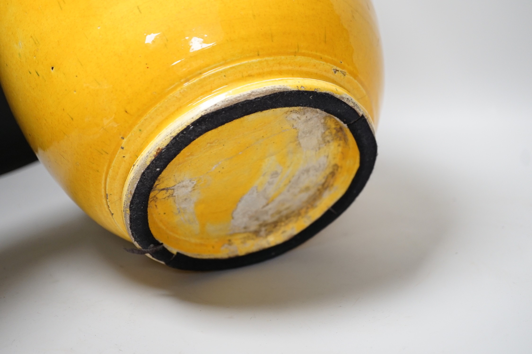 Two Chinese blue and white ginger jars, together with a large Chinese yellow glazed vase, tallest 31cm